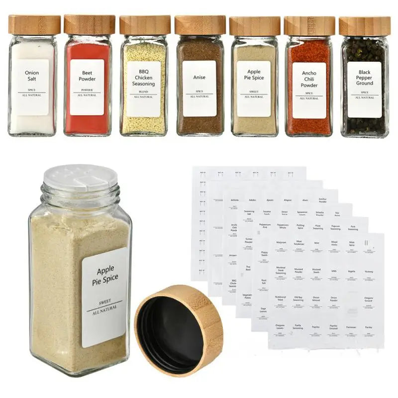 Glass Spice Jars with Bamboo Lids – Spice Seasoning Containers, Salt & Pepper Shakers, Spice Organizer Set