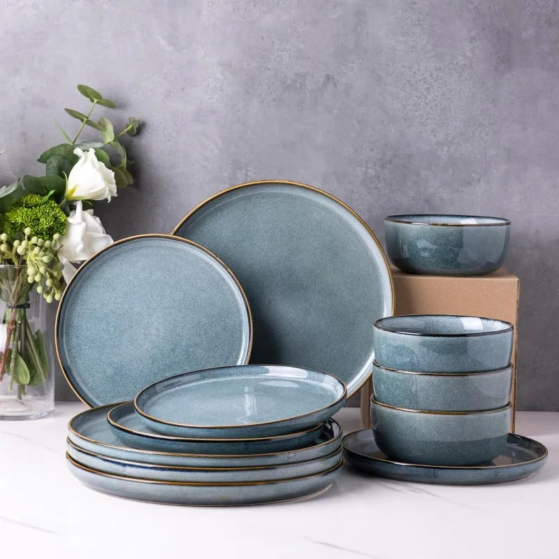 Ceramic Dinnerware Set for 4 – 12 Pieces Stoneware Plates and Bowls, Reactive Glaze, Scratch Resistant