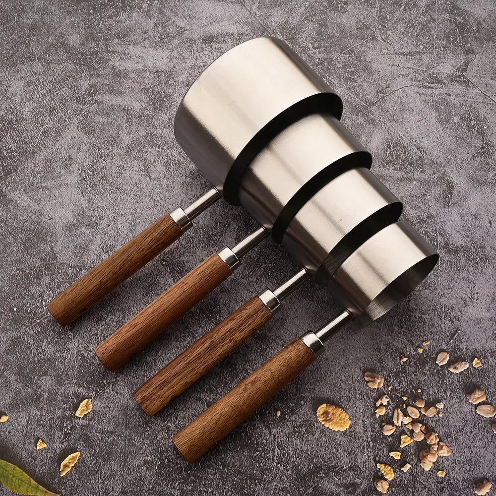1/4/8PCS Measuring Cup Spoon Set – Stainless Steel with Wooden Handle, Coffee, Flour, Bartending & Kitchen Cooking Gadget