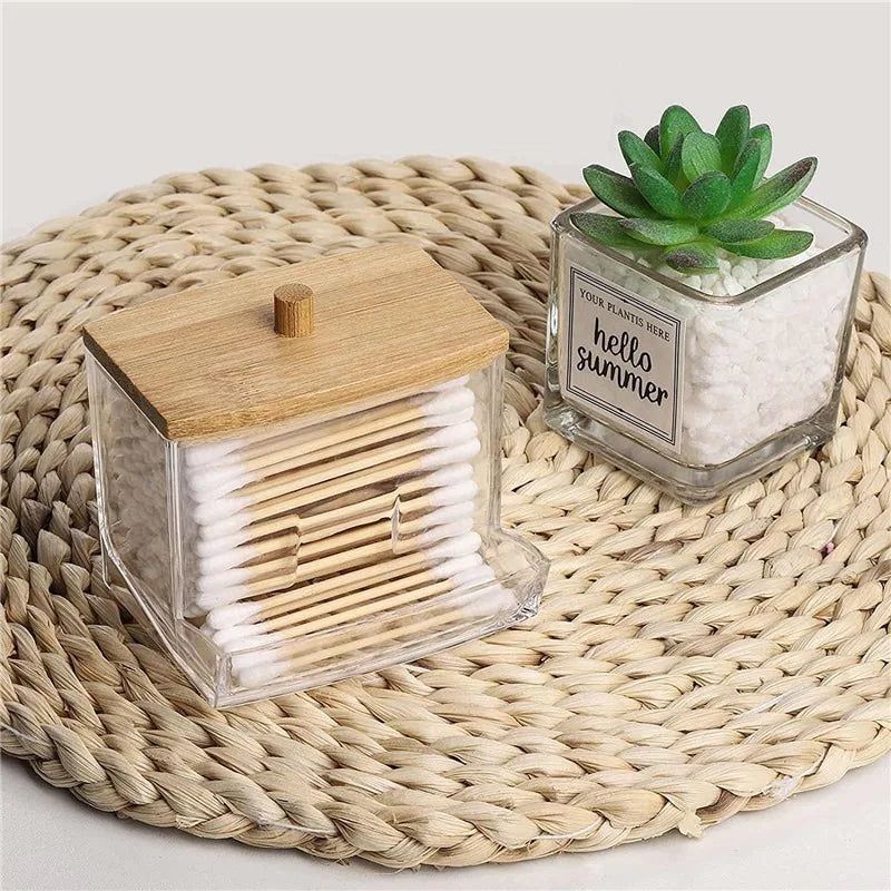 Cotton Swab Organizer with Bamboo Cover – Acrylic Round Makeup Storage Box