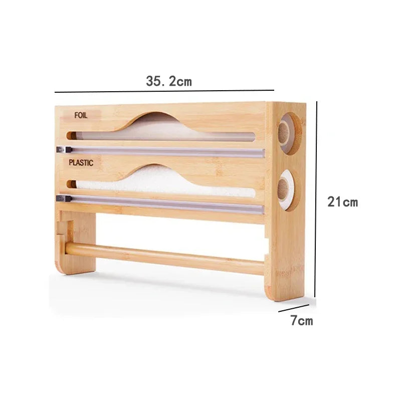 Bamboo Compartment Cling Film and Tin Foil Cutter Box – Wall-Mounted Paper Towel and Kitchen Organizer