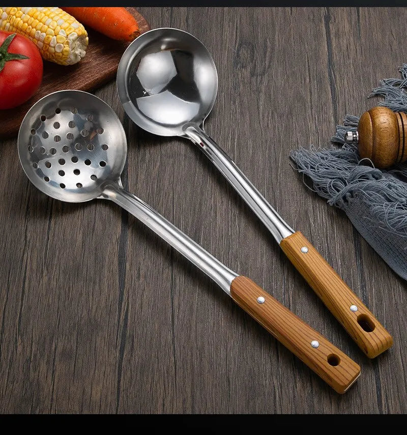 Stainless Steel Imitation Wood Grain Handle Spatula – Leaky Shovel Spoon, Set of 5 Kitchen Tools for Cooking