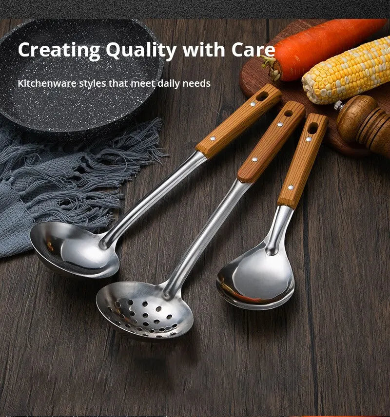 Stainless Steel Imitation Wood Grain Handle Spatula – Leaky Shovel Spoon, Set of 5 Kitchen Tools for Cooking