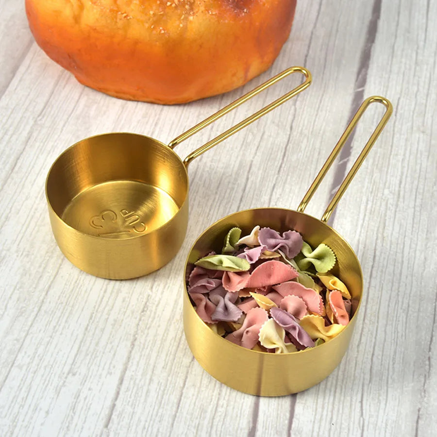 4PCS/8PCS Titanium Gold Stainless Steel Measuring Cup and Spoon Set – Kitchen Thread Handle for Flour, Grains, and Baking