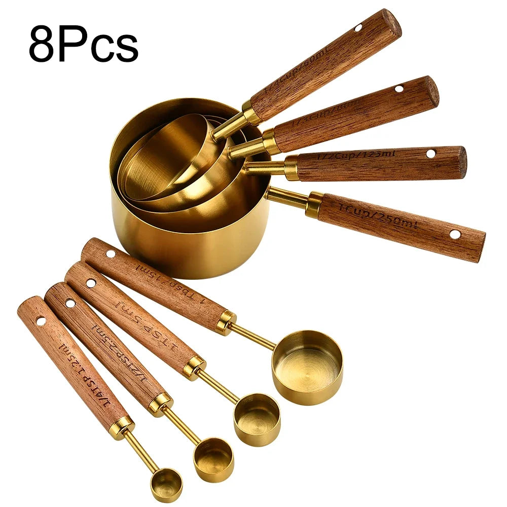 1/4/8PCS Measuring Cup Spoon Set – Stainless Steel with Wooden Handle, Coffee, Flour, Bartending & Kitchen Cooking Gadget