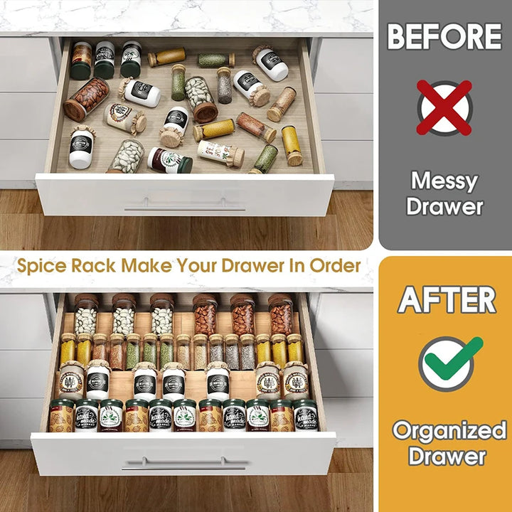 Bamboo Spice Rack Tray – Spice Drawer Organizer for Kitchen Cabinets, Storage & Organization