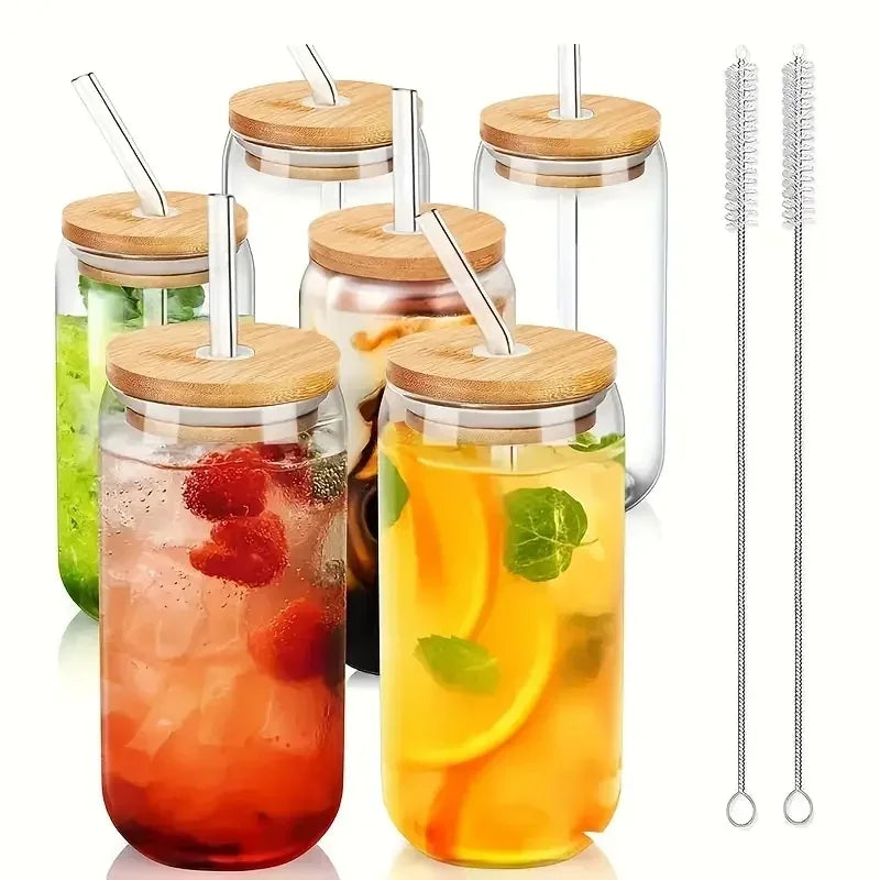 4/6-Piece Glass Cup Set – 17.8oz/550ml with Bamboo Lid and Straw – Mason Jar Water Cup