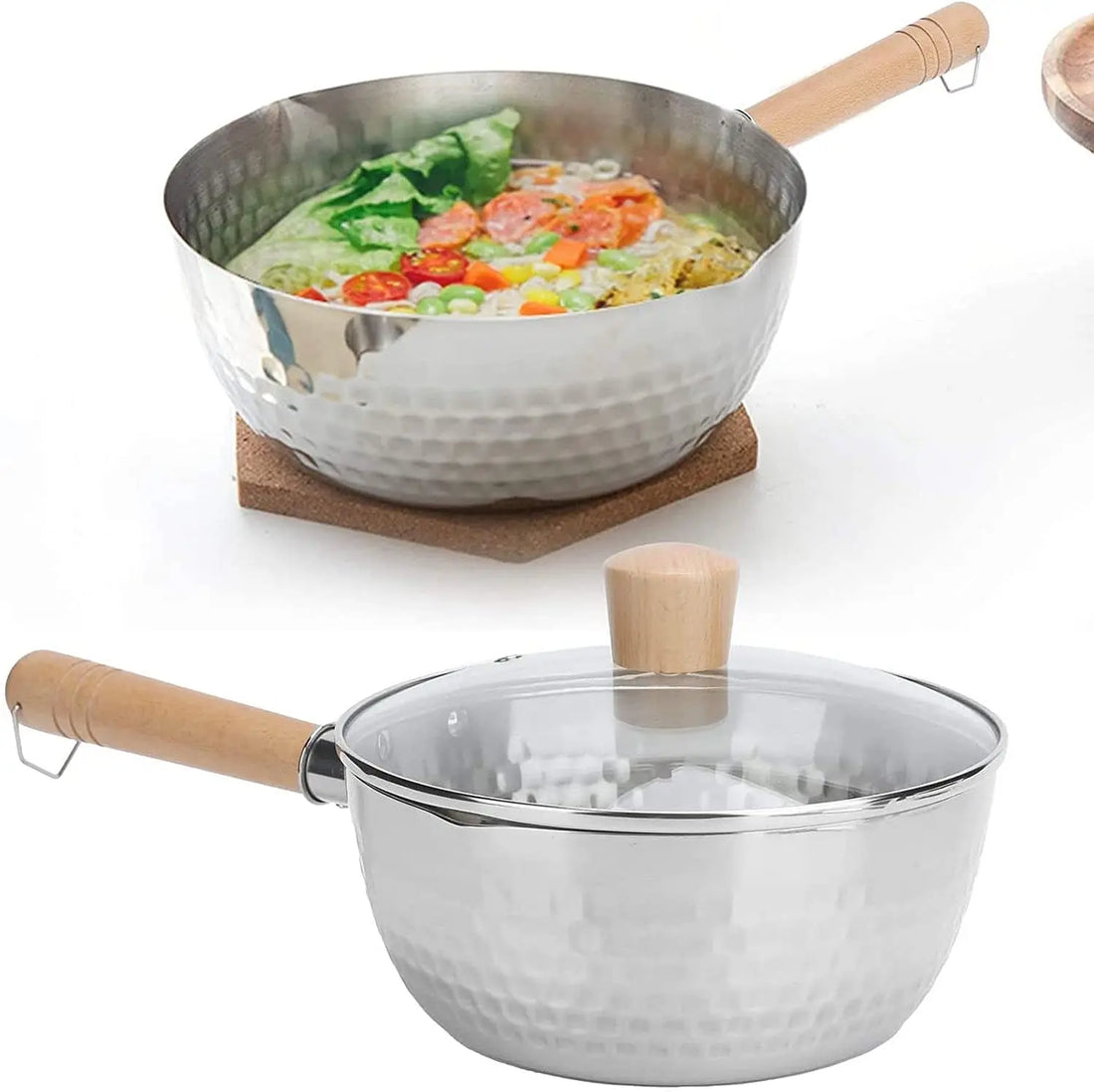 Stainless Steel Saucepan with Lid – Solid Wood Handle & Pour Spouts