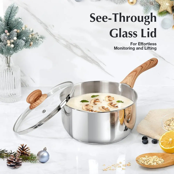 Stainless Steel Saucepan Set – 4-Piece Set with 1 QT & 2 QT Saucepans, Cool-Touch Bakelite Handles, Lids Included