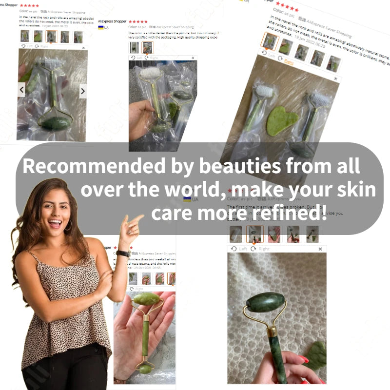 Rose Quartz Powder Crystal Jade Roller & Gua Sha Set – Natural Stone Beauty Tool for Facial Lift