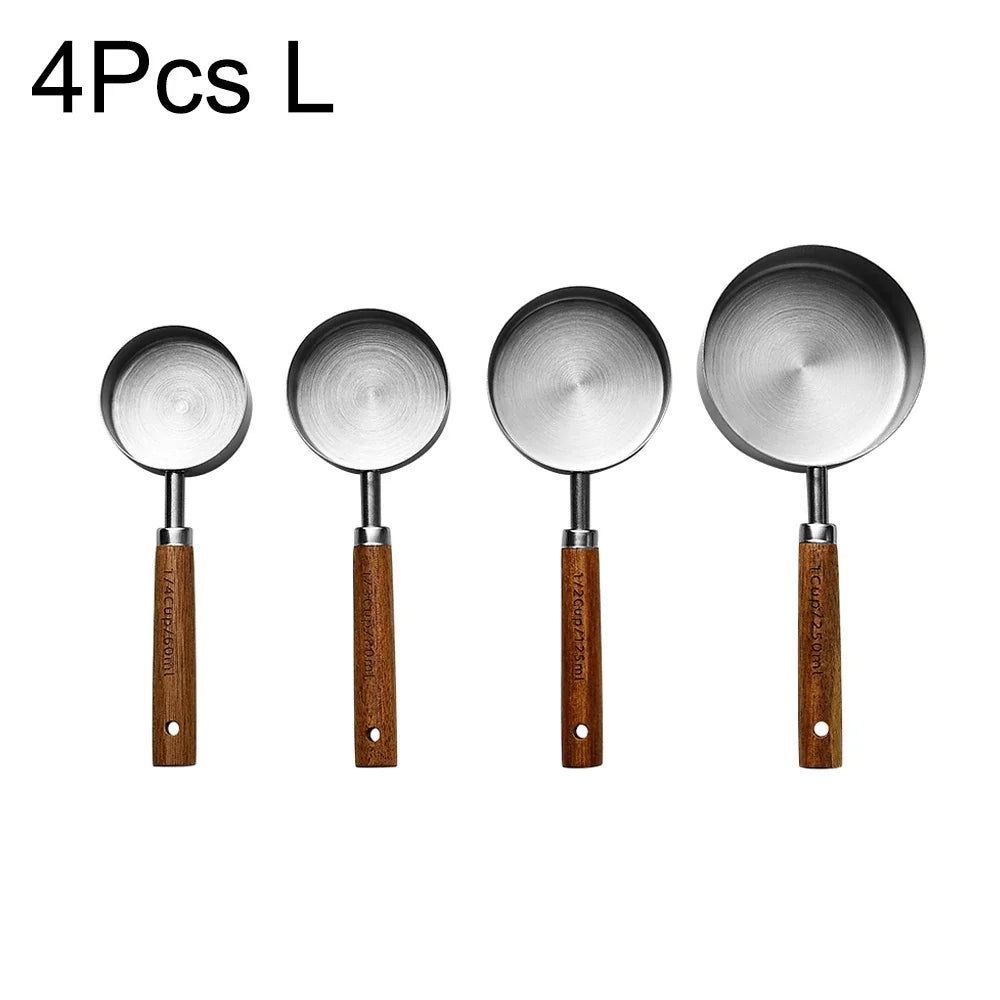 1/4/8PCS Measuring Cup Spoon Set – Stainless Steel with Wooden Handle, Coffee, Flour, Bartending & Kitchen Cooking Gadget