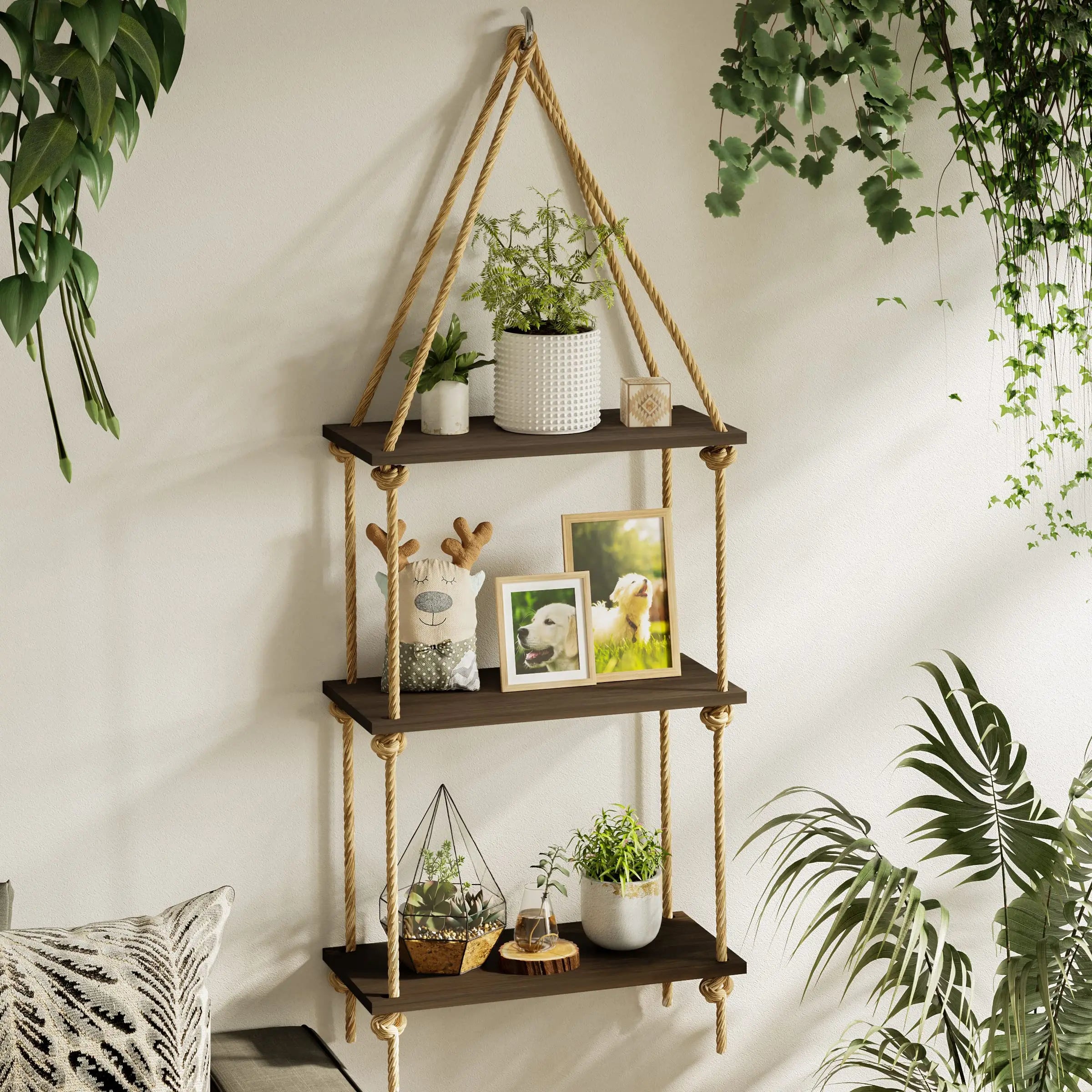 Boho Black Hanging Wall Shelves with Macrame Hanger