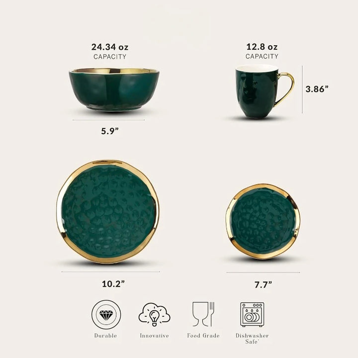 Florian Modern Porcelain 16-Piece Dinnerware Set – Green and Golden Rim, Plates and Bowls Set for 4