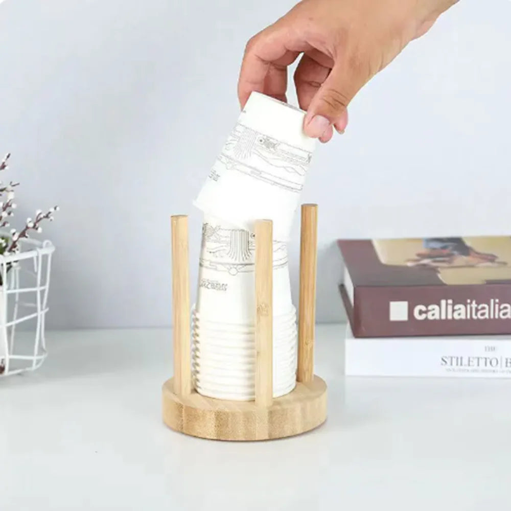 1PC Bamboo Wooden Cup Storage Rack – Creative Round Desktop Holder for Disposable Paper Cups