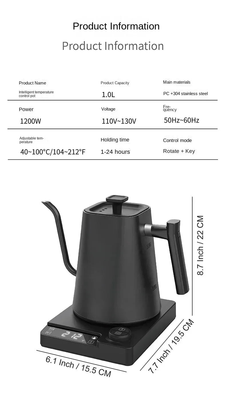 Electric Coffee Pot 1000ml – Coffee Pot with LED Screen, Adjustable Temperature, Intelligent Electric Gooseneck Coffee Pot