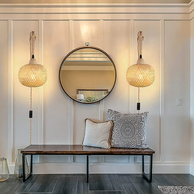 Bamboo Rattan Wall Lamp – Handwoven Natural Wicker Light Fixture with E27 Socket