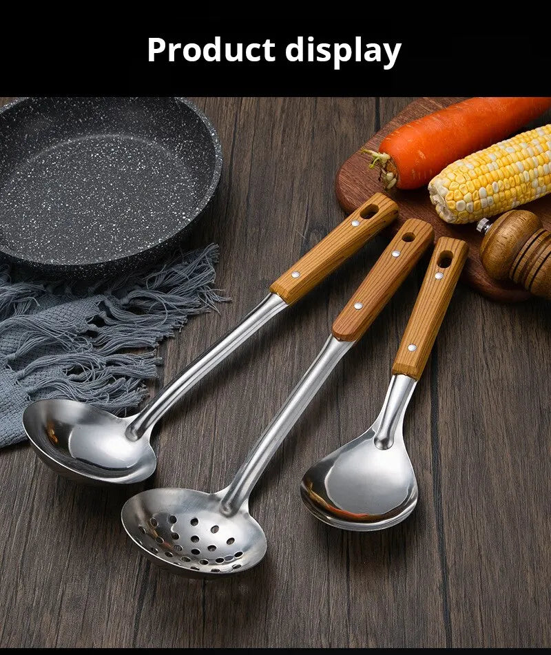 Stainless Steel Imitation Wood Grain Handle Spatula – Leaky Shovel Spoon, Set of 5 Kitchen Tools for Cooking