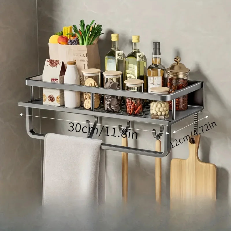 Aluminum Wall-Mounted Shelf – Multifunctional Kitchen Spice Storage Rack, Kitchen Space Management Solution