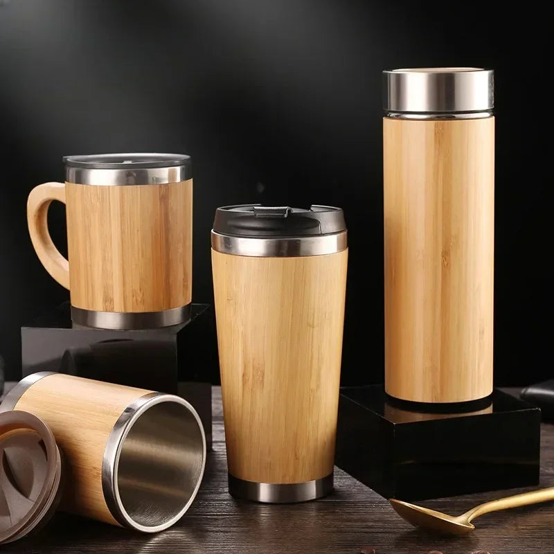 Stainless Steel Bamboo Thermos – 16oz Vacuum Insulated Water Bottle with Flip Lid