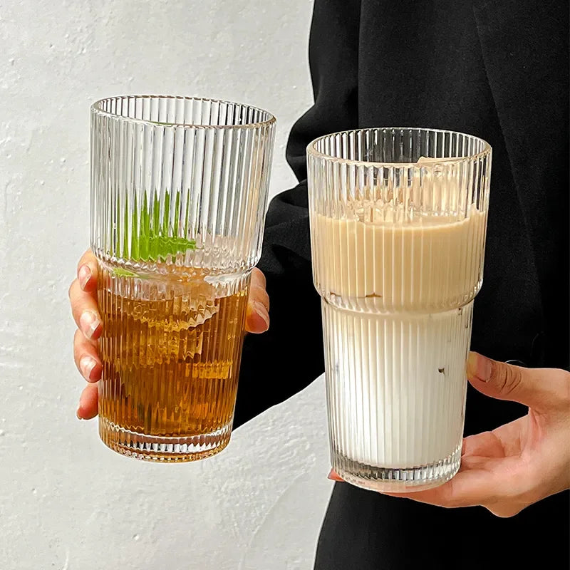 600ML Stripe Glass Coffee Cup with Lid and Straw – Transparent Drinking Glass for Juice, Milk, Tea, and Iced Coffee