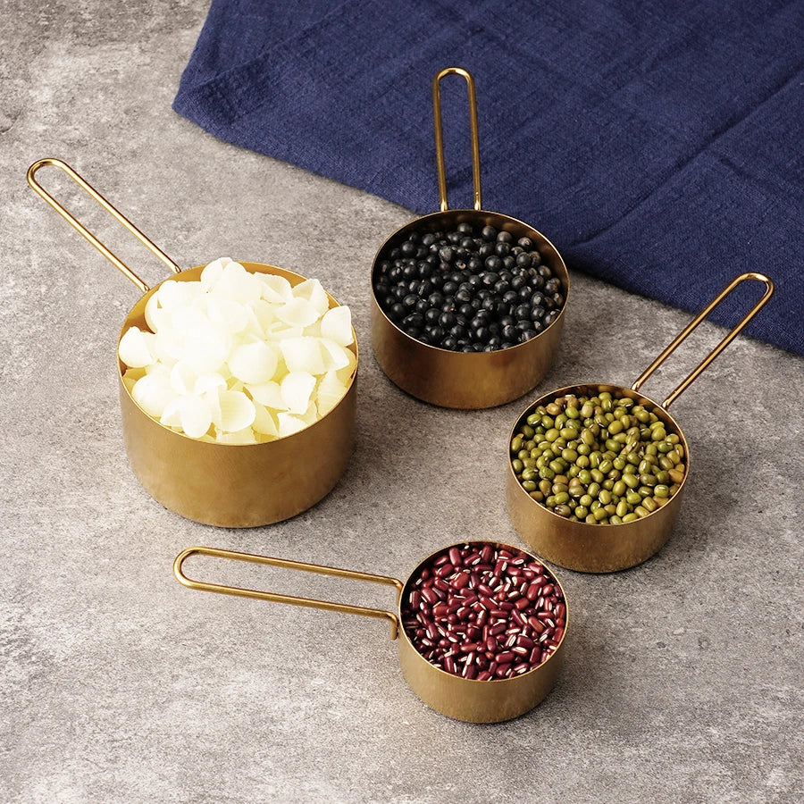 4PCS/8PCS Titanium Gold Stainless Steel Measuring Cup and Spoon Set – Kitchen Thread Handle for Flour, Grains, and Baking