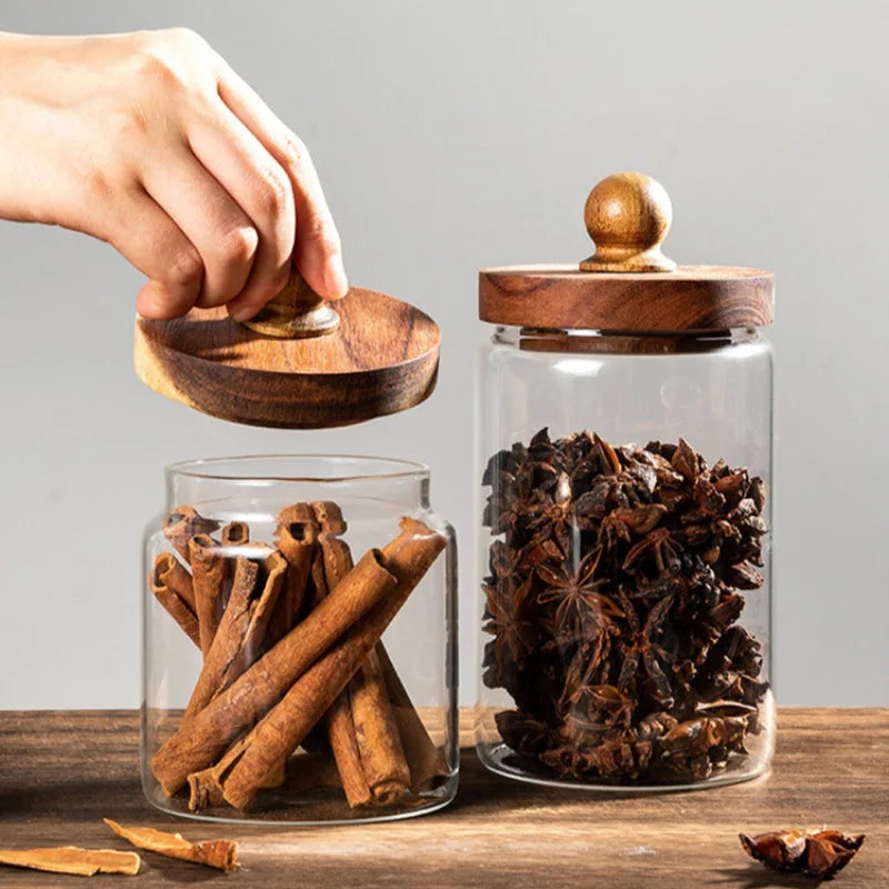 Glass Food Storage Jar with Wooden Lid – Airtight Sealed Container for Coffee Beans, Nuts, Spices, Candy, and Moisture-Proof Storage