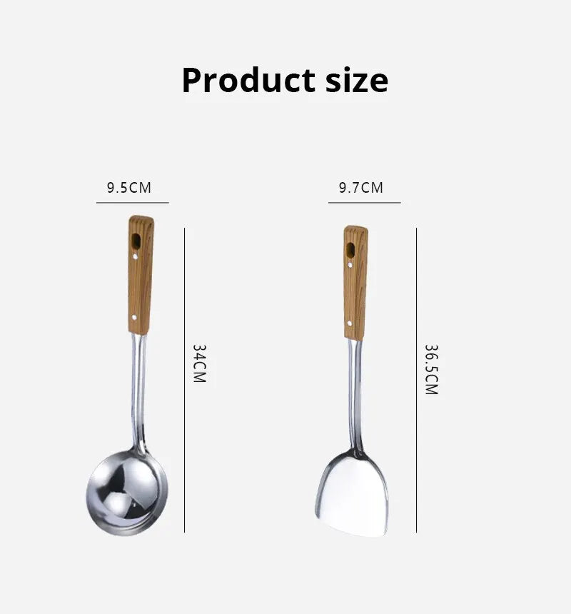 Stainless Steel Imitation Wood Grain Handle Spatula – Leaky Shovel Spoon, Set of 5 Kitchen Tools for Cooking