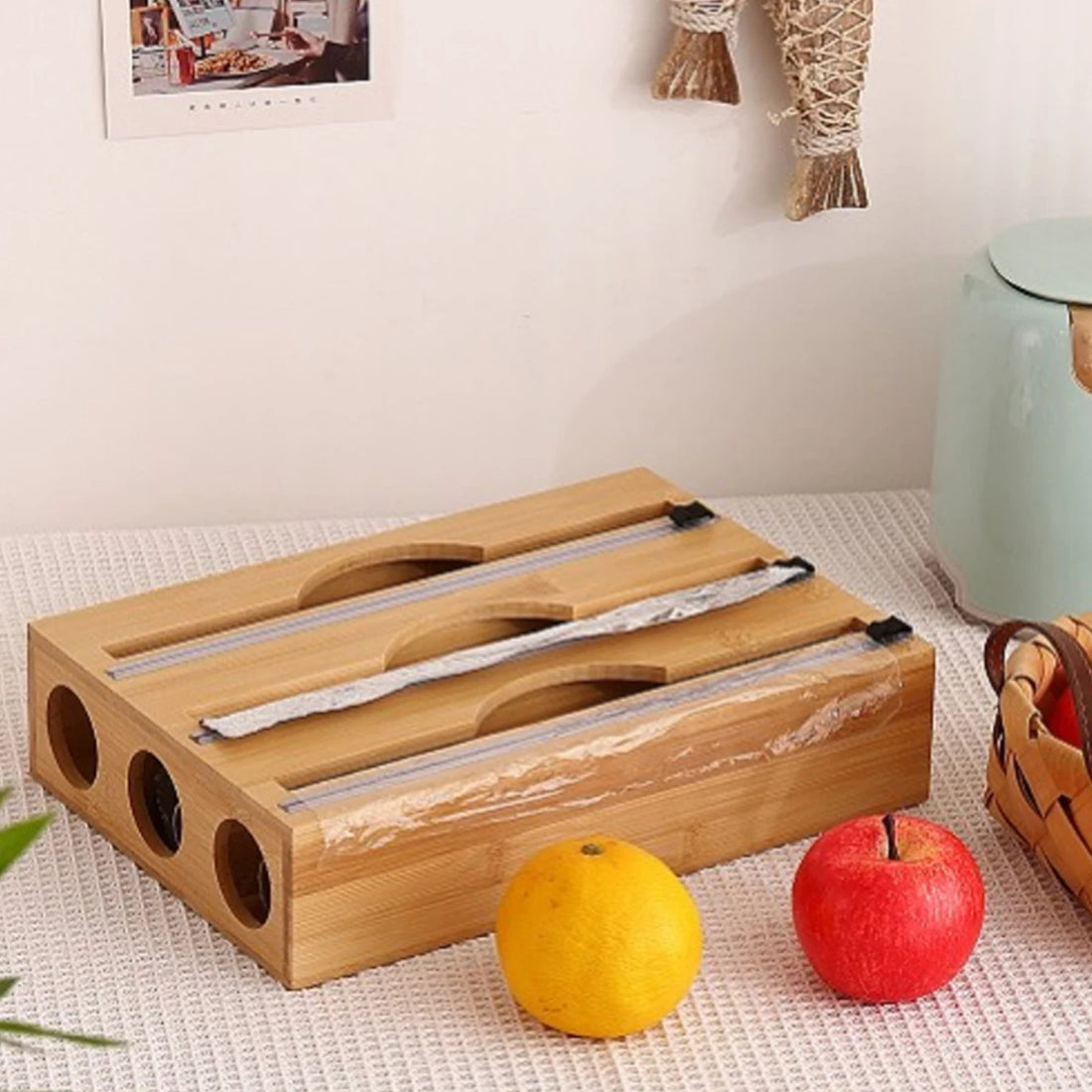 Bamboo Kitchen Wrap Dispenser with Foil & Film Cutter