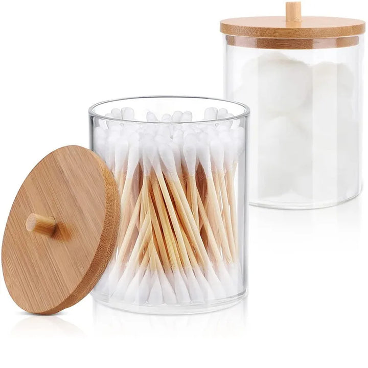 Cotton Swab Organizer with Bamboo Cover – Acrylic Round Makeup Storage Box