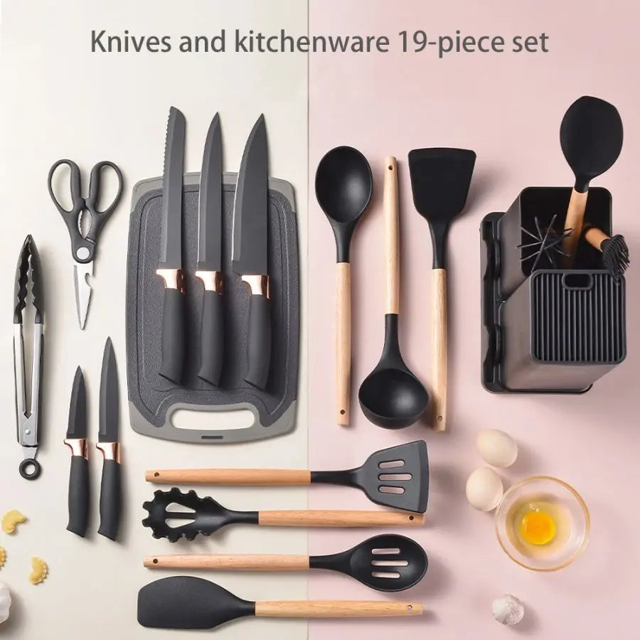 19PCS Food Grade Silicone Kitchenware Set – Cooking Spoons, Shovel, Cutting Board, Knives & More