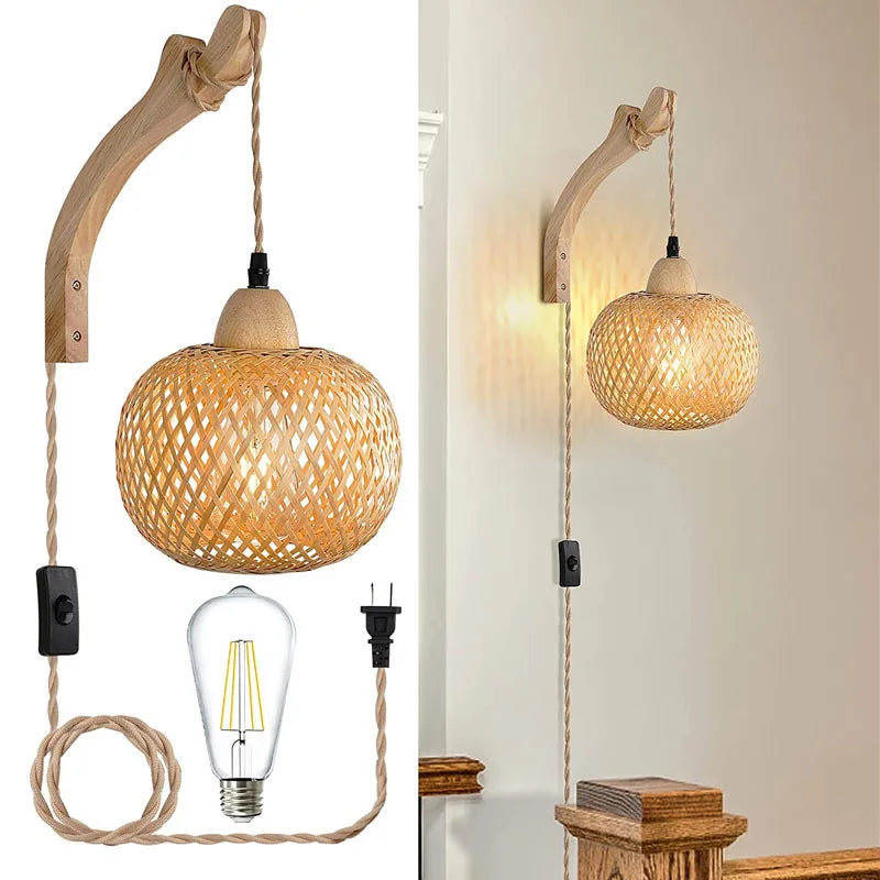 Bamboo Rattan Wall Lamp – Handwoven Natural Wicker Light Fixture with E27 Socket