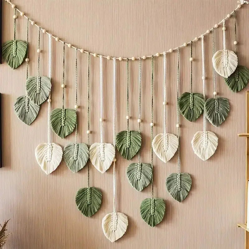 Boho Macramé Leaf Wall Hanging – Feather Tapestry Décor for Living Room or Bedroom