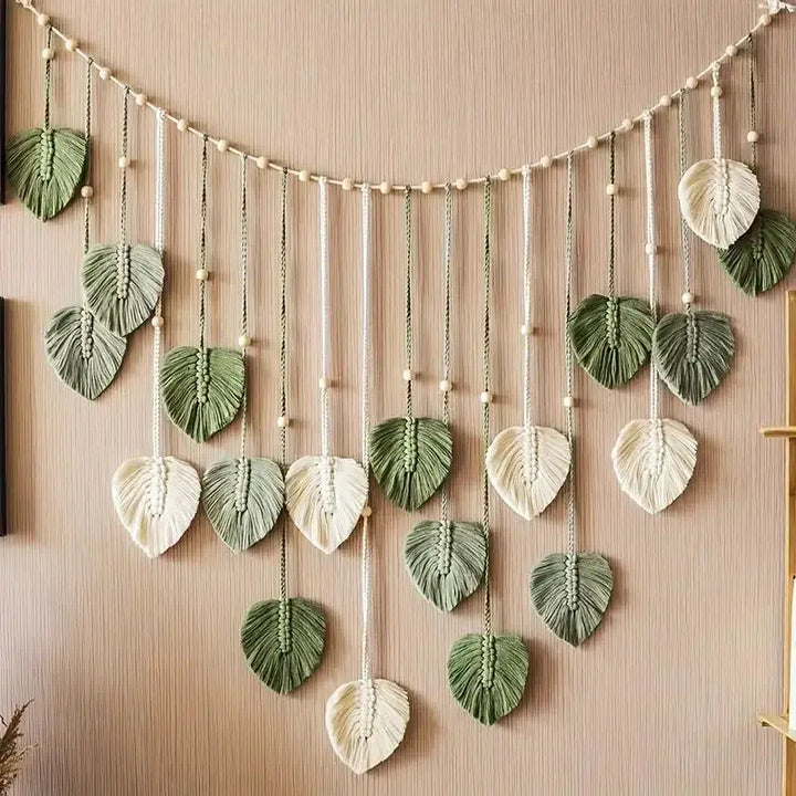 Boho Macramé Leaf Wall Hanging – Feather Tapestry Décor for Living Room or Bedroom