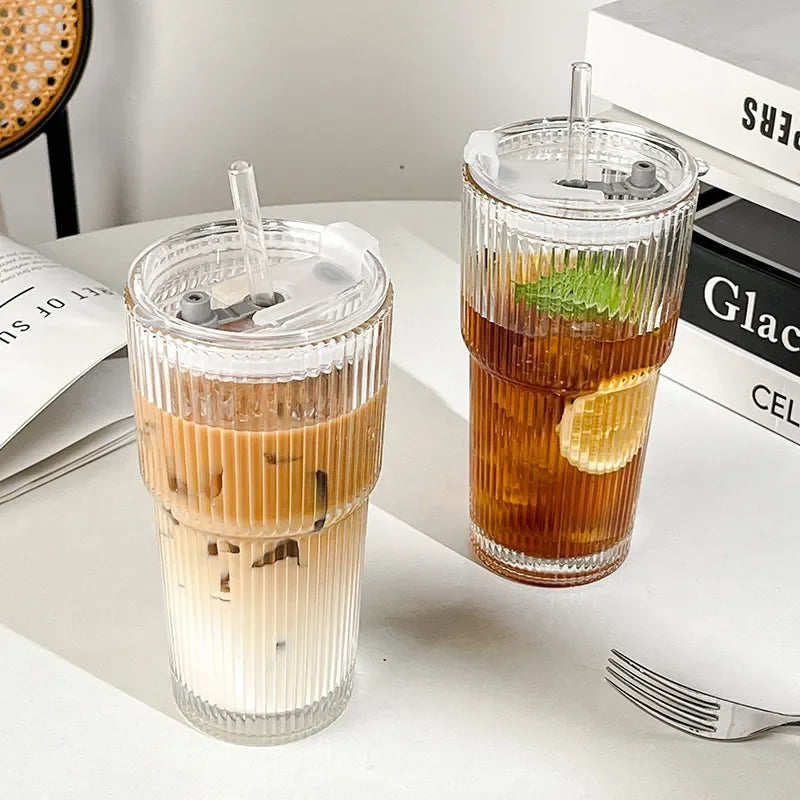 600ML Stripe Glass Coffee Cup with Lid and Straw – Transparent Drinking Glass for Juice, Milk, Tea, and Iced Coffee