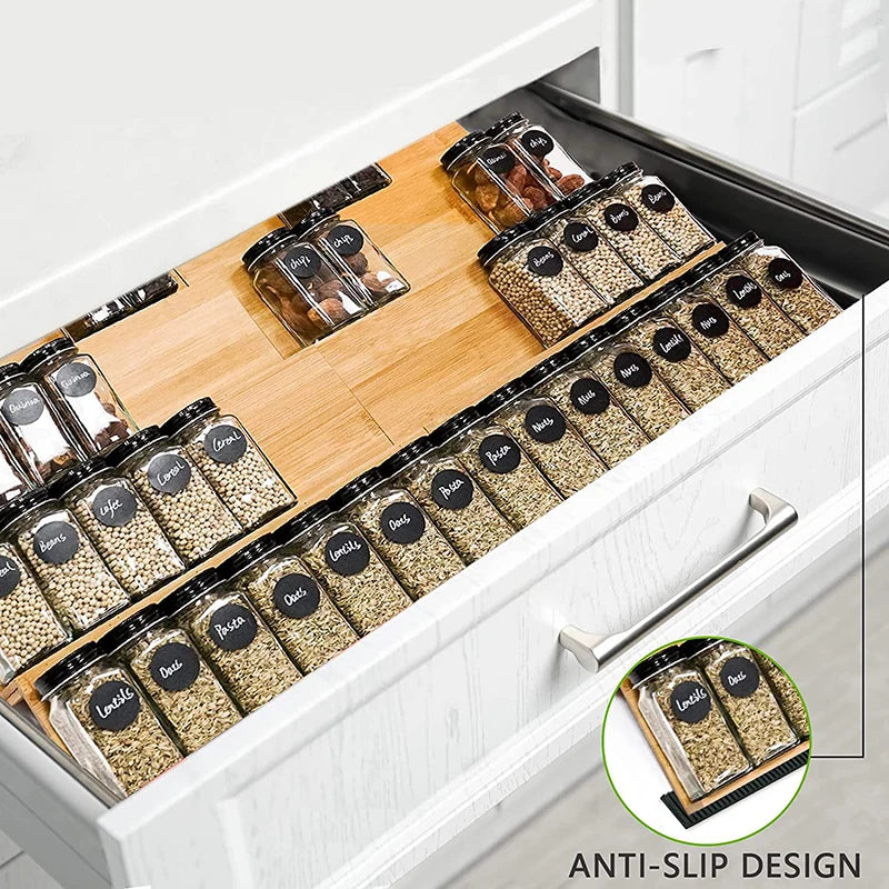 Bamboo Spice Rack Tray – Spice Drawer Organizer for Kitchen Cabinets, Storage & Organization