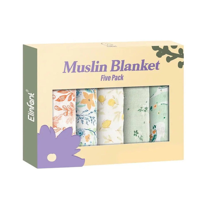 5PCS Gift Set Bamboo Cotton Muslin Bib & Burp Cloth – 60x60cm, 2 Layers Baby Scarf Handkerchief