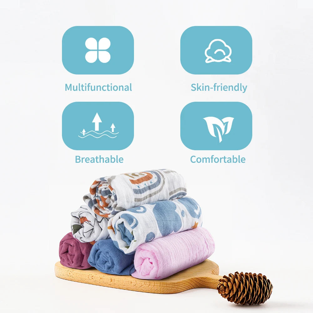 5PCS Gift Set Bamboo Cotton Muslin Bib & Burp Cloth – 60x60cm, 2 Layers Baby Scarf Handkerchief