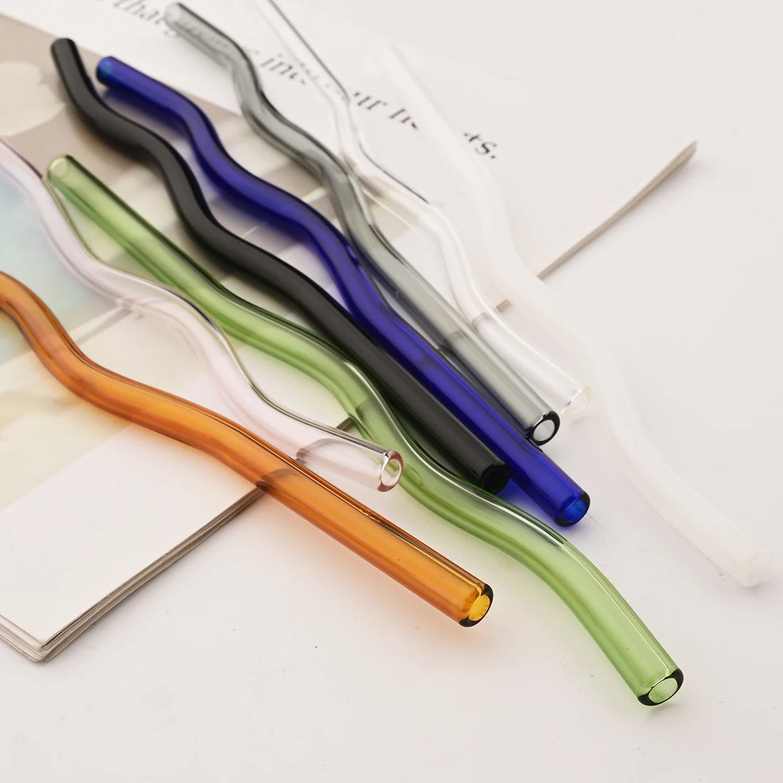 4PCS Wavy Glass Straws – Colorful Drinking Straw Set with Cleaning Brush