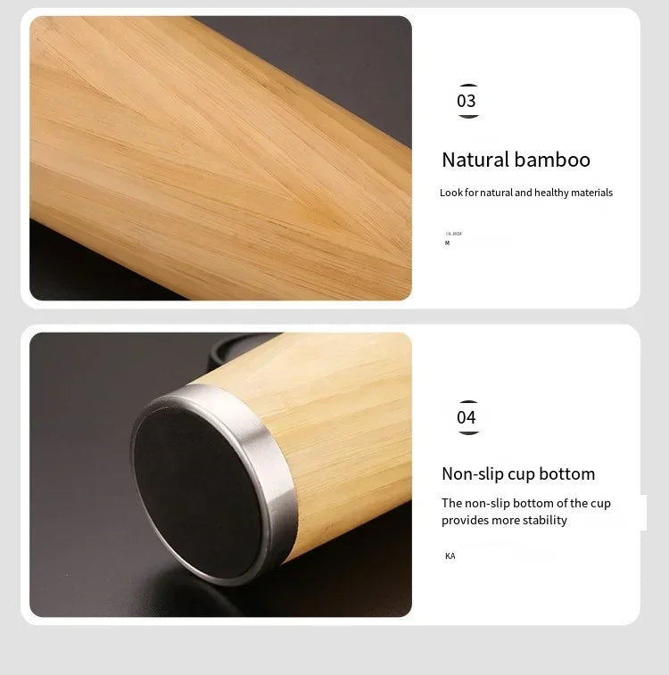 Stainless Steel Bamboo Thermos – 16oz Vacuum Insulated Water Bottle with Flip Lid