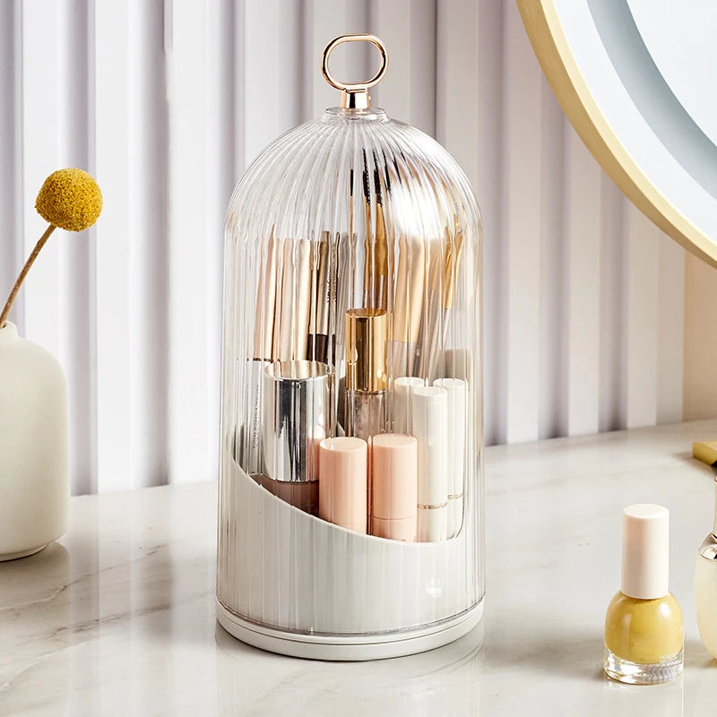 360° Rotating Makeup Brush Holder with Lid – Desktop Makeup Organizer, Cosmetic Storage Box for Lipstick, Eyebrow Tools & More