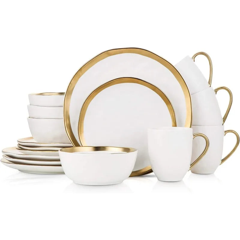 Florian Modern Porcelain 16-Piece Dinnerware Set – Green and Golden Rim, Plates and Bowls Set for 4