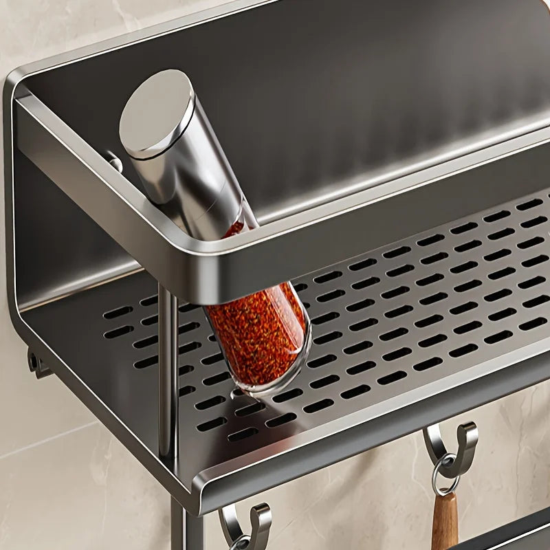 Aluminum Wall-Mounted Shelf – Multifunctional Kitchen Spice Storage Rack, Kitchen Space Management Solution