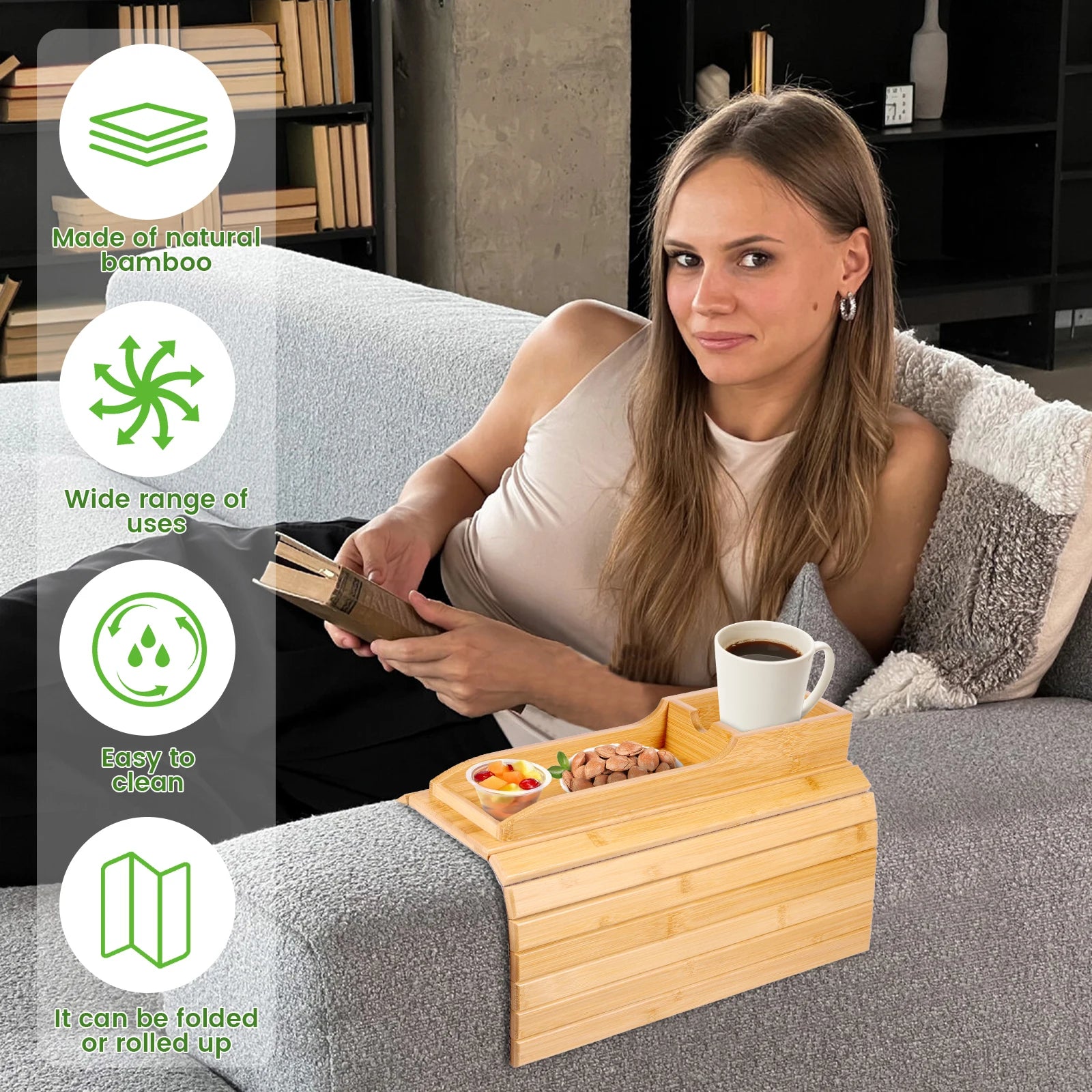 Couch Cup Holder Bamboo Wood Sofa Armrest Tray Foldable Sofa Cup Holder Anti-Slip Couch Arm Cup Holder Sofa Side Storage Tray