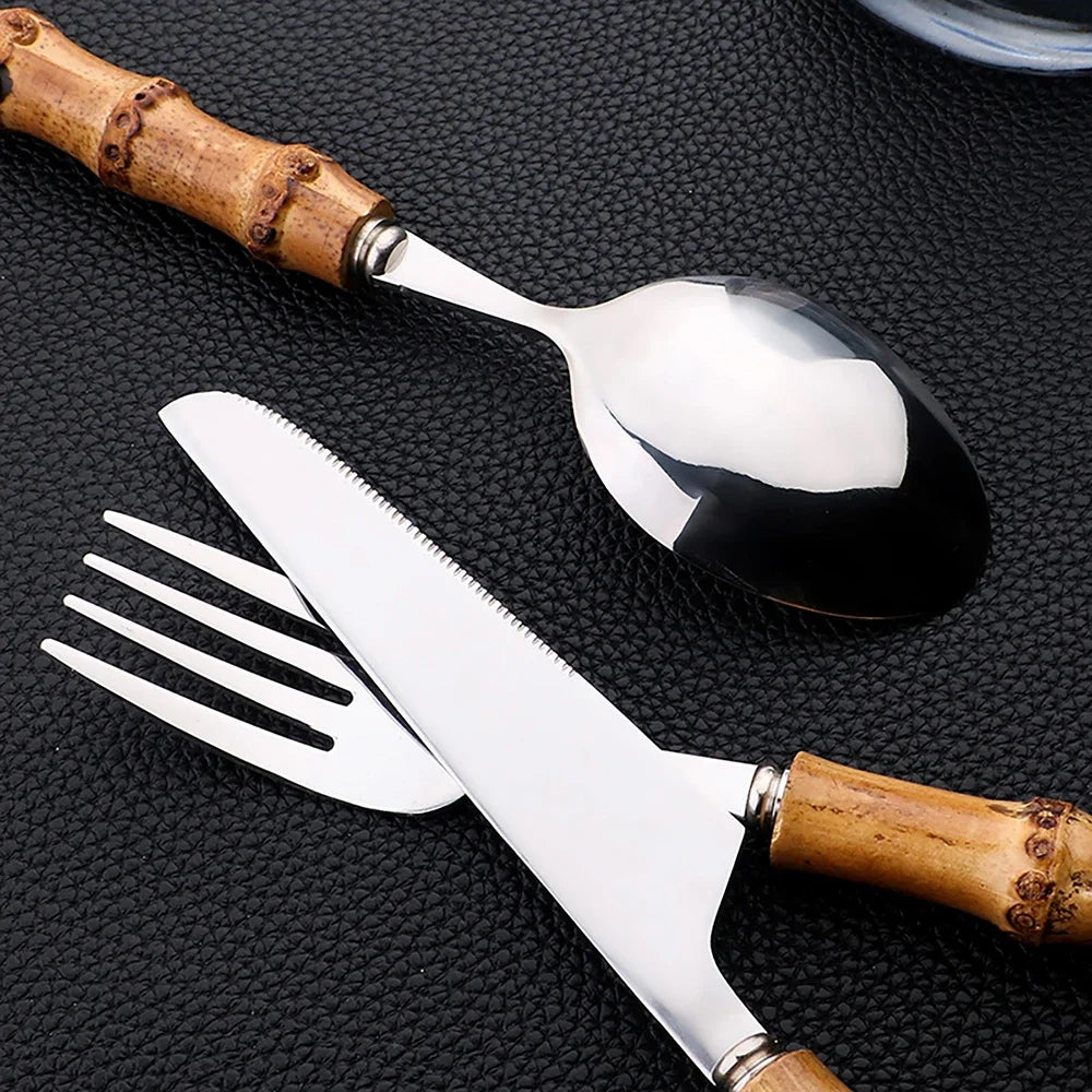 24-Piece Bamboo Tableware Set – Stainless Steel Cutlery with Natural Bamboo Handles, Flatware Set with Steak Knives
