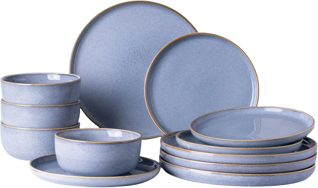 Ceramic Dinnerware Set for 4 – 12 Pieces Stoneware Plates and Bowls, Reactive Glaze, Scratch Resistant
