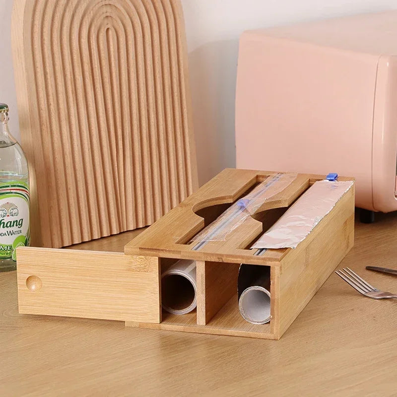 Bamboo Compartment Cling Film and Tin Foil Cutter Box – Wall-Mounted Paper Towel and Kitchen Organizer