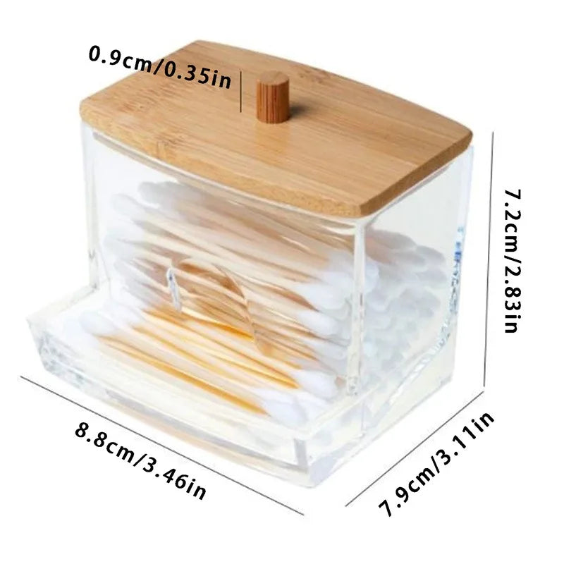 Cotton Swab Organizer with Bamboo Cover – Acrylic Round Makeup Storage Box