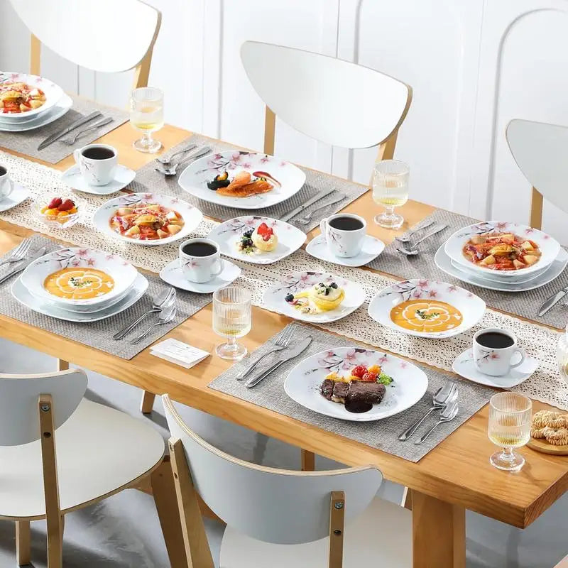 Porcelain Dinnerware Set – White Dish Set with Pink Floral Design for 4/6 People