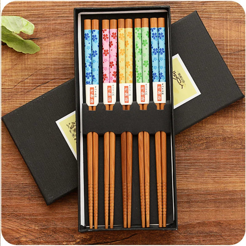 5-Pair Set Bamboo Chopsticks – Non-Slip Natural Wood Sushi & Food Chopsticks Set