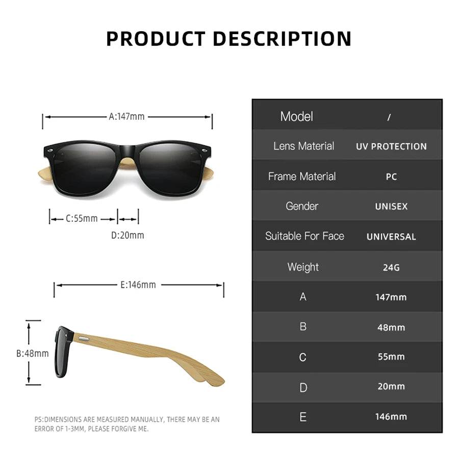 Fashion Bamboo Wood Vintage Square Sunglasses – Men & Women Luxury Brand Designer Sun Glasses, Wooden Driving & Fishing UV400 Eyewear